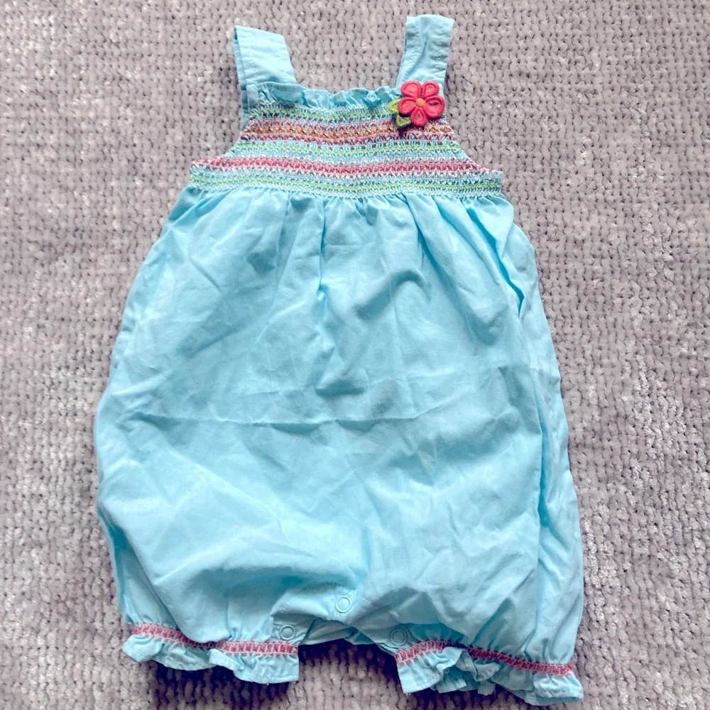 Gymboree Baby Blue Smocked Bubble Romper Floral Cotton 0-3M‎